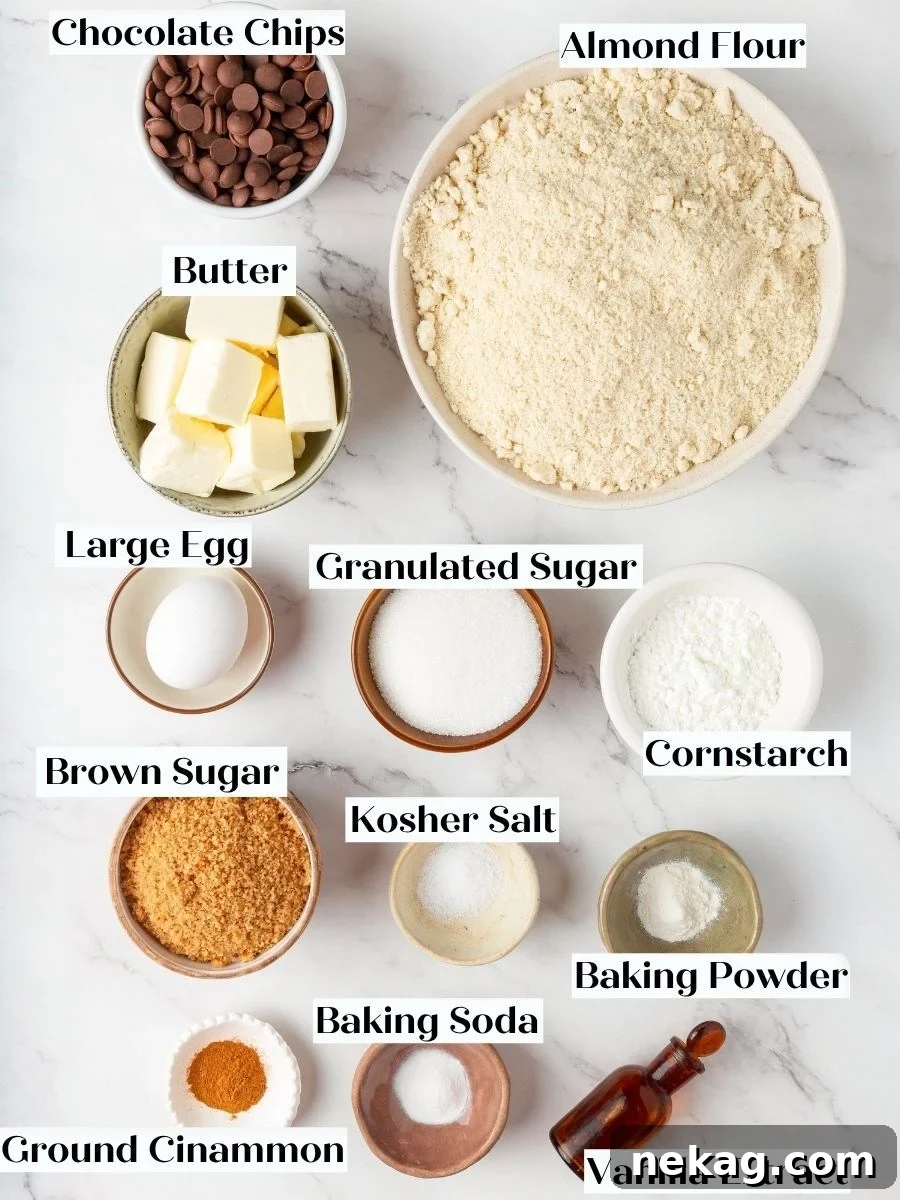 Every component for almond flour chocolate chip cookies sits ready, including the cornstarch keeping them thick.