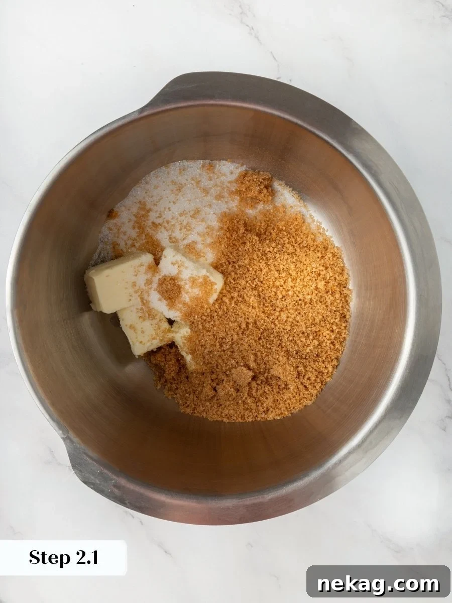 Butter and two sugars begin the almond flour chocolate chip cookies dough for a chewy result.