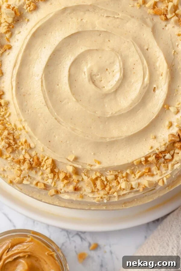 Peanut butter buttercream cake topped with chopped roasted peanuts for crunch.