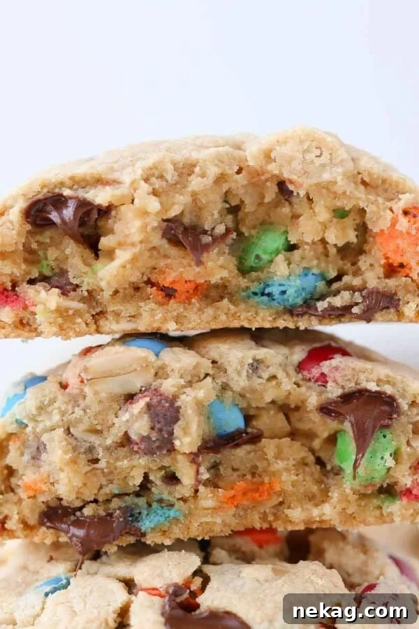 A close-up of a thick monster cookie, emphasizing its hearty, chewy layers.