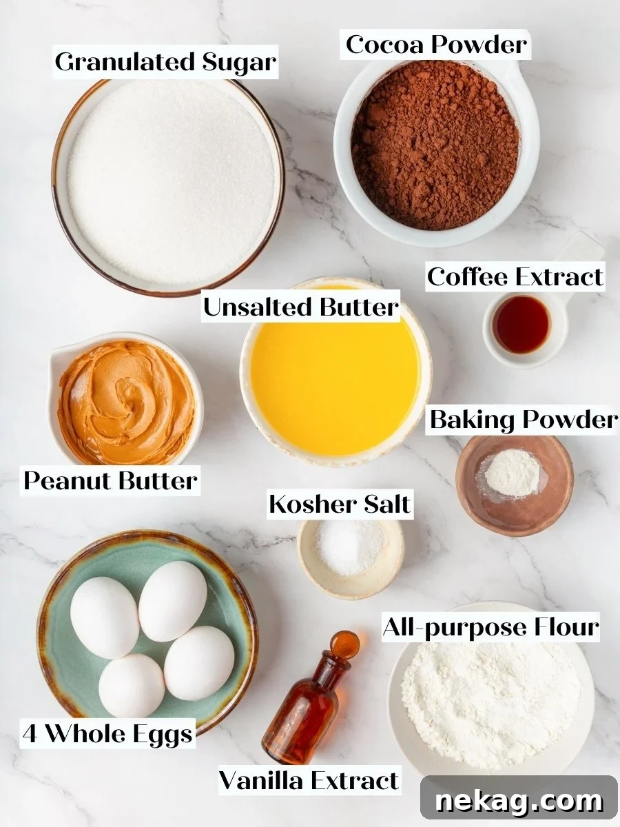 Labeled bowls gather the pantry staples that make these one-bowl peanut butter brownies come together fast.