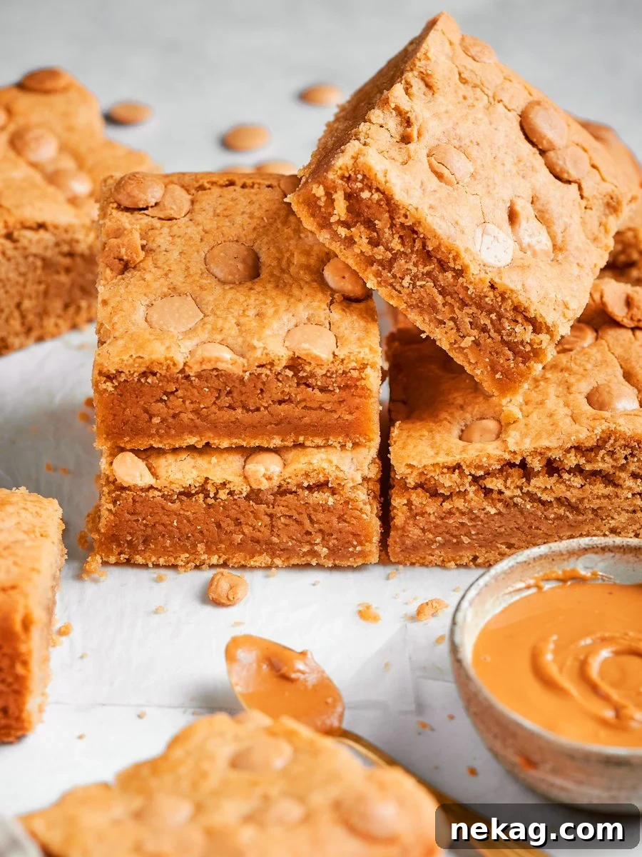 Chewy Peanut Butter Blondies with Chocolate Swirl 6 Pairing the bars with peanut butter underlines the nutty flavor in these peanut butter blondies.