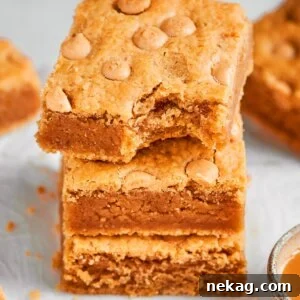 Chewy Peanut Butter Blondies with Chocolate Swirl 11 Framed square for the recipe card, these peanut butter blondies show off their signature chew.