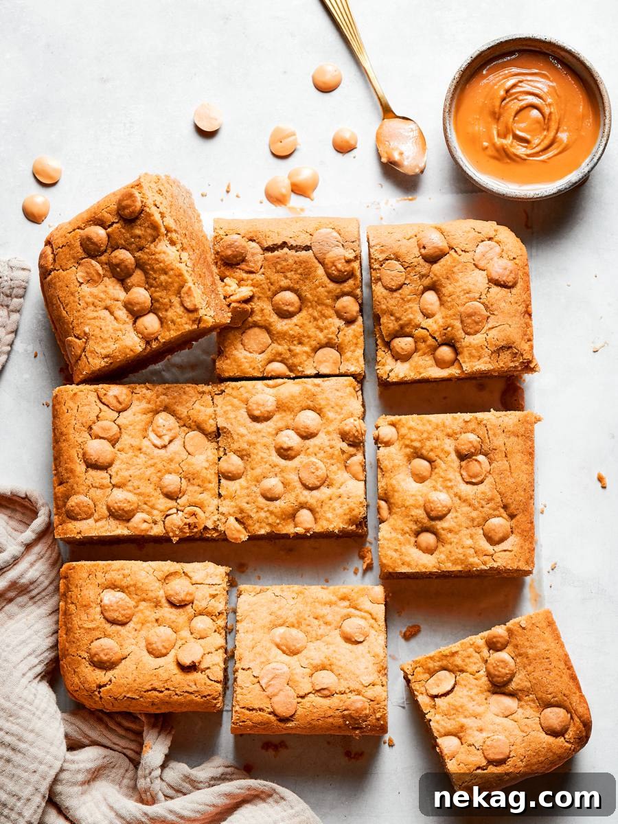 Chewy Peanut Butter Blondies with Chocolate Swirl 5 Relaxed and scattered, these peanut butter blondies feel casual, snackable, and easy to grab.