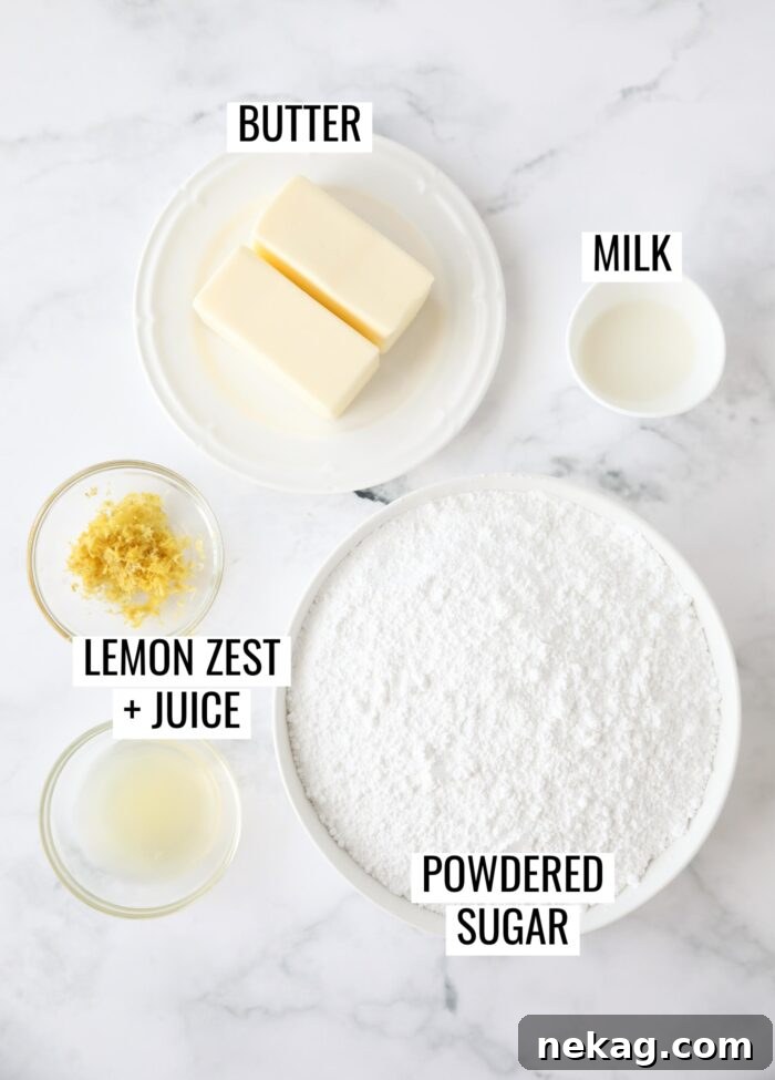 Labeled ingredients needed to make lemon frosting.
