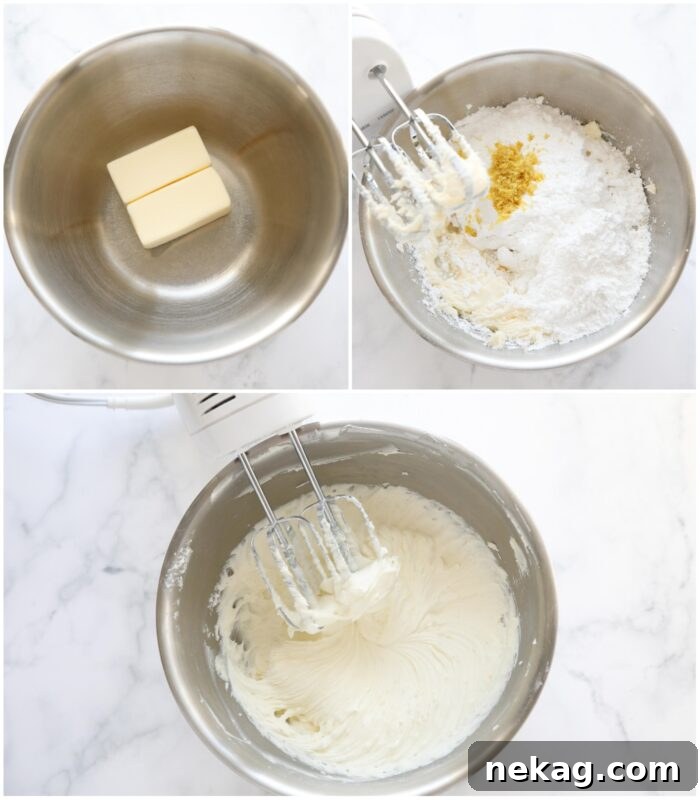 Steps to make lemon buttercream frosting.