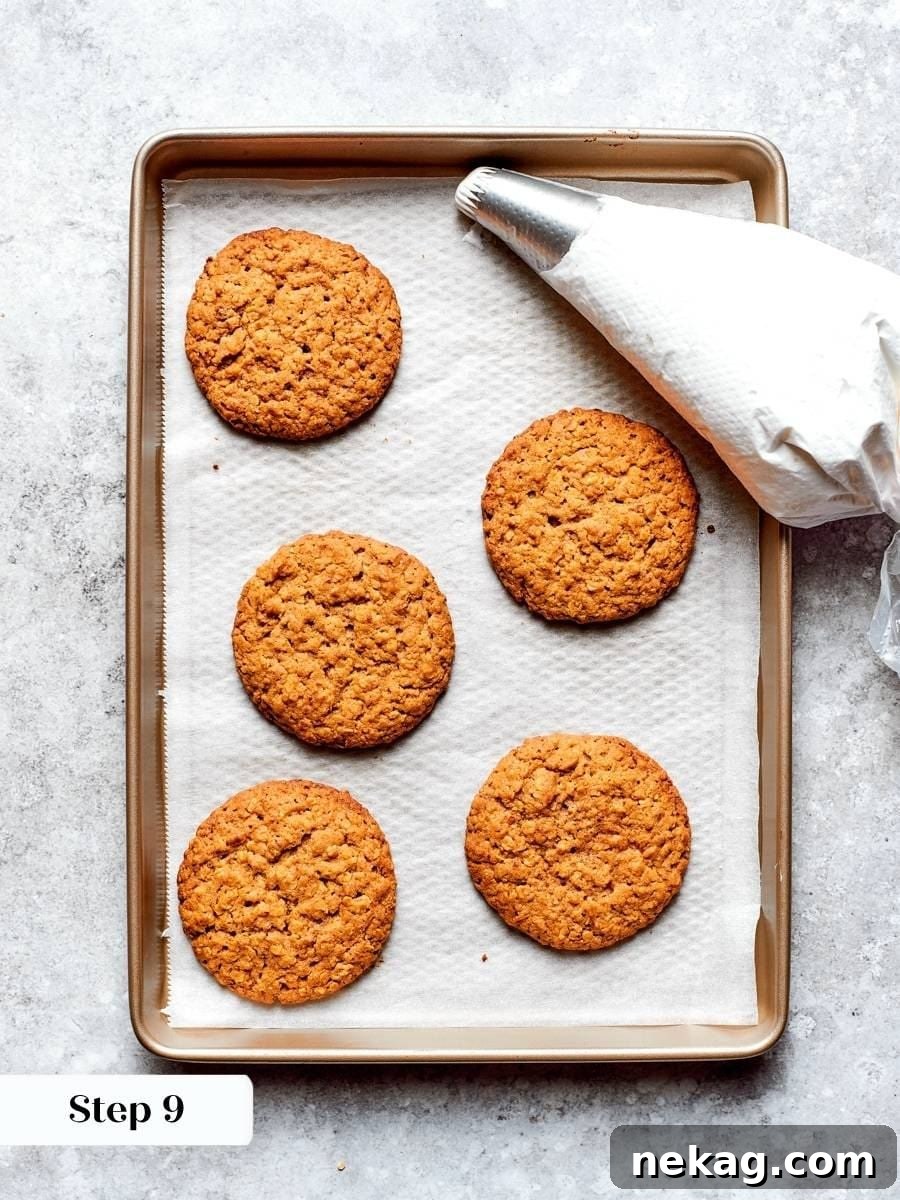 Pulled while centers stay soft, the cookies firm into a chewy oatmeal cream pie base.