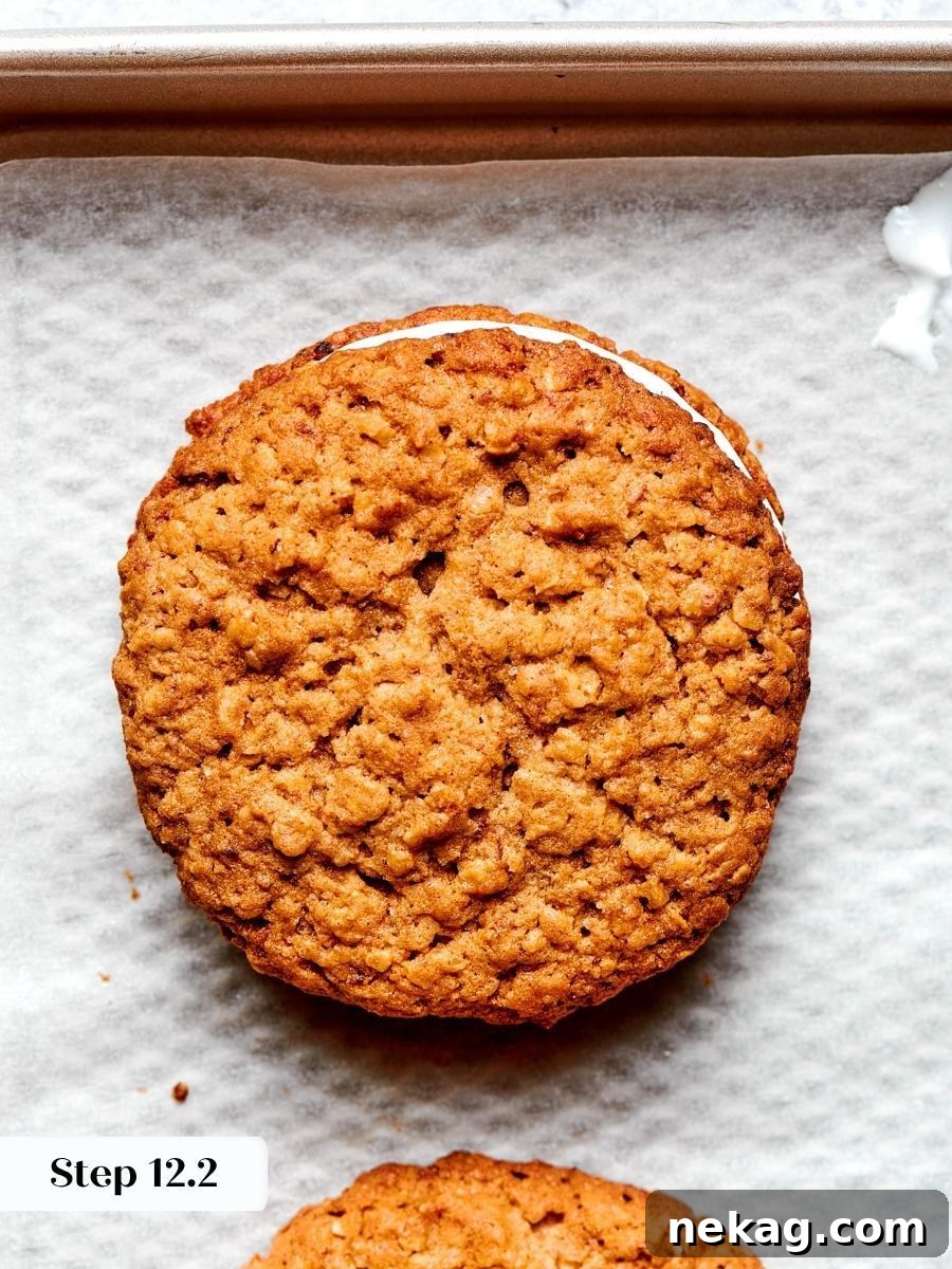 Sandwiching two soft cookies around the fluff creates the classic shape of an oatmeal cream pie.