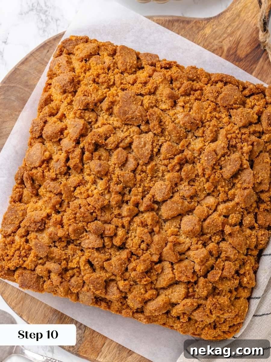 Cooling completely before slicing keeps crumb cake squares tidy instead of crumbling apart under the knife.