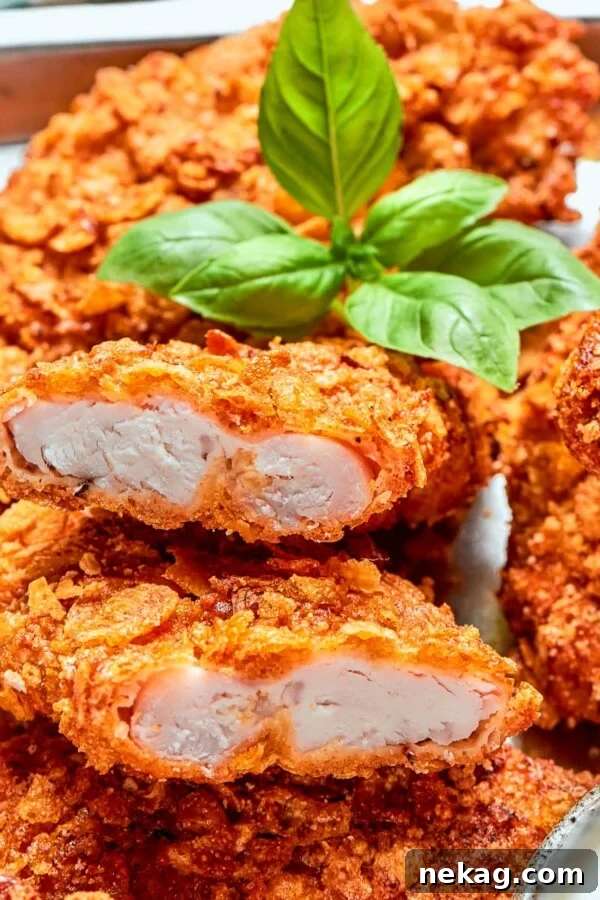 Tender interior of chicken strip surrounded by thick, crunchy breading.