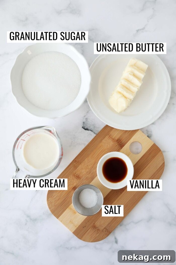 Homemade Salted Caramel Sauce Recipe 3 Labeled ingredients for salted caramel sauce.