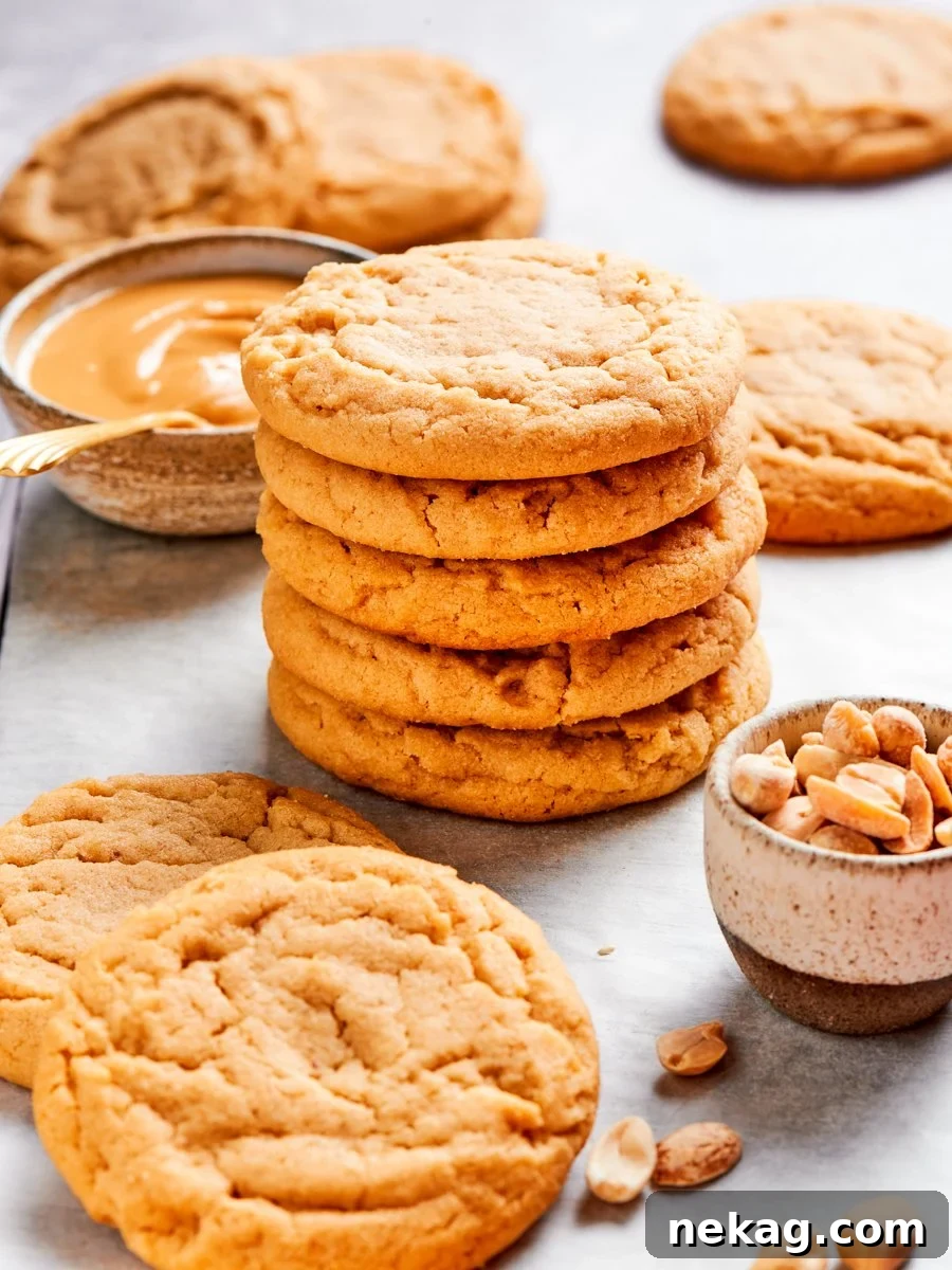 Stacked five high, these chewy peanut butter cookies hold thick soft centers that never flatten.