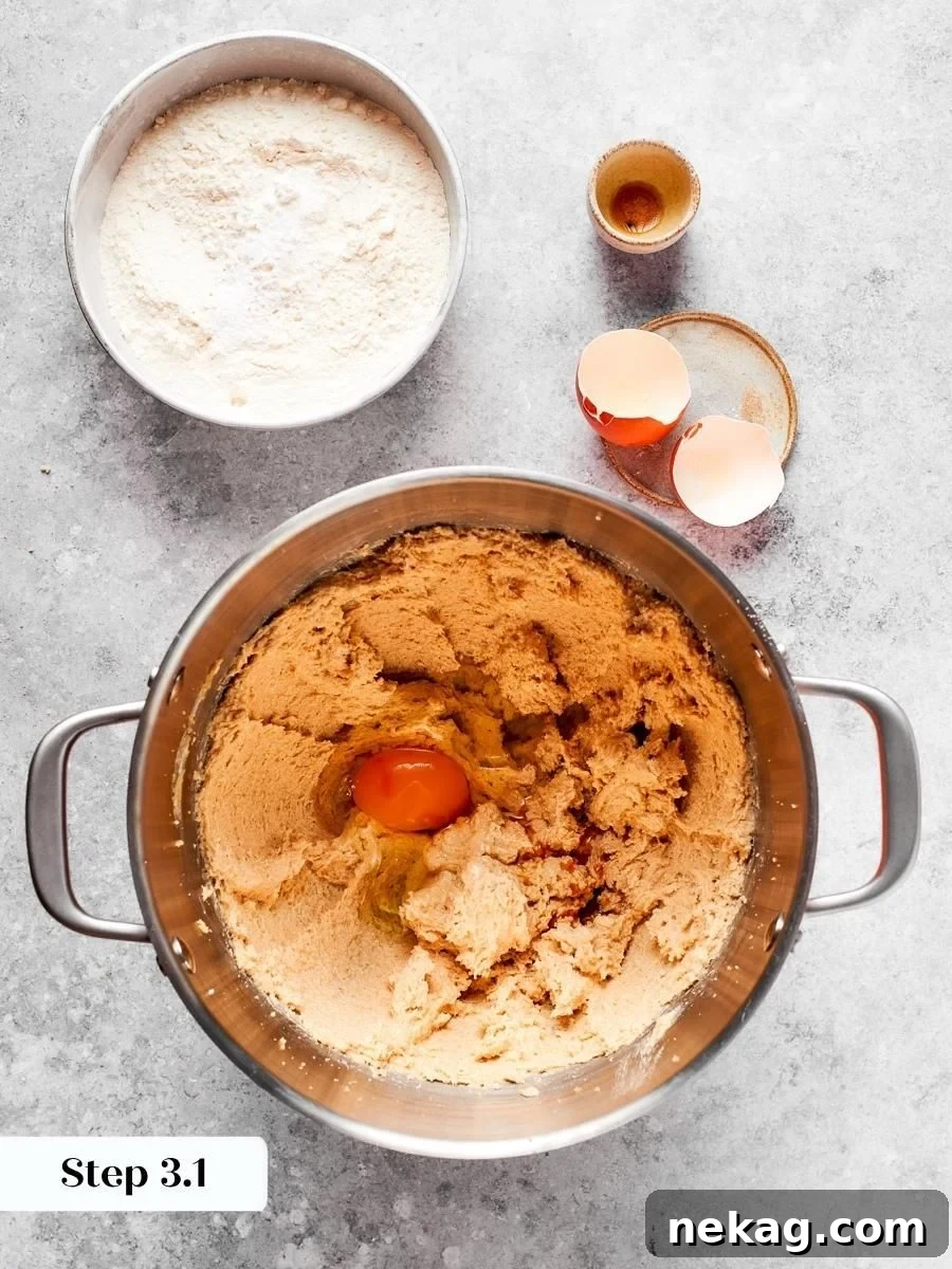 Beating the egg in fully keeps the dough for chewy peanut butter cookies from splitting.